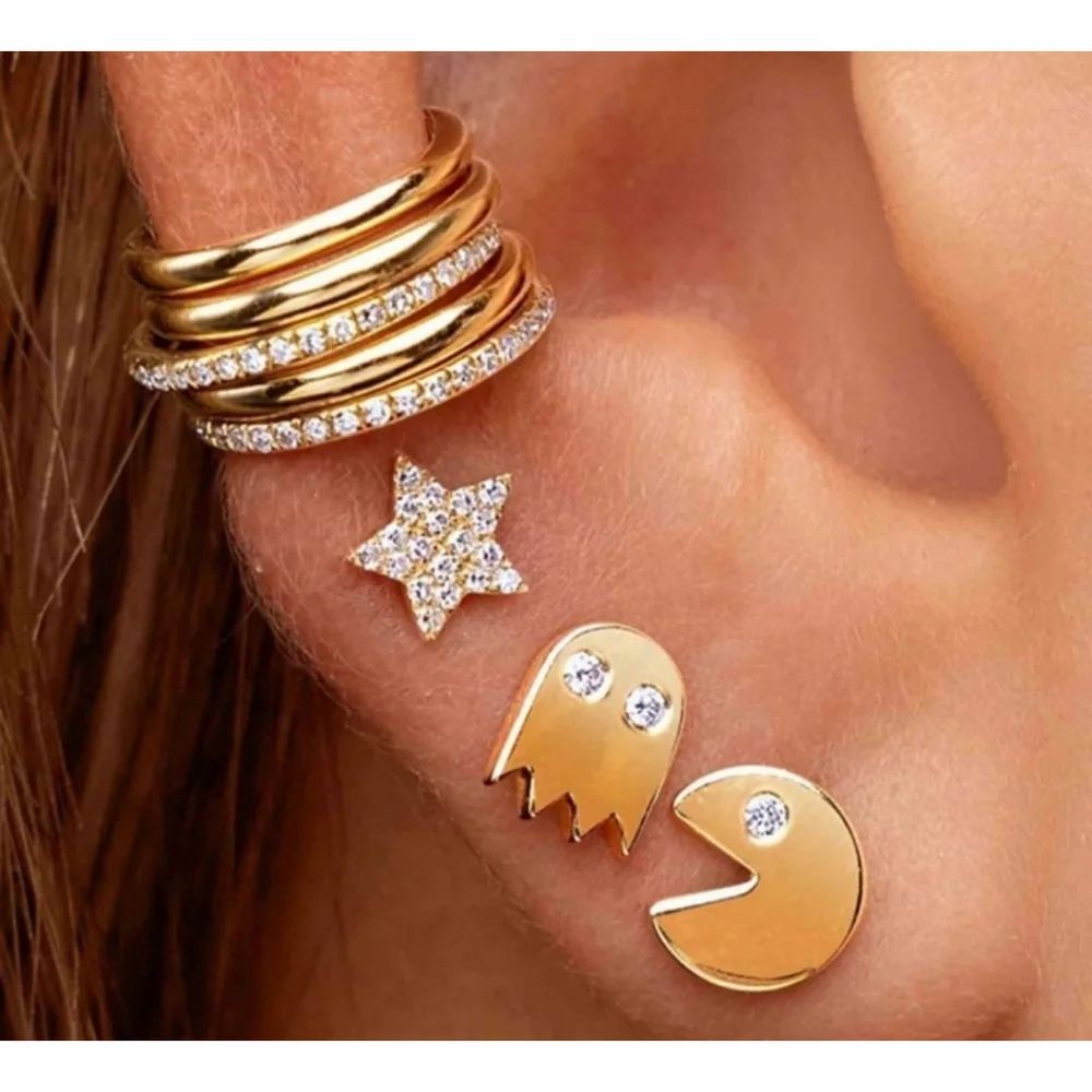 NEW Mismatch‎ 14k Gold Filled Pac-Man Diamond Accent Stud Earrings